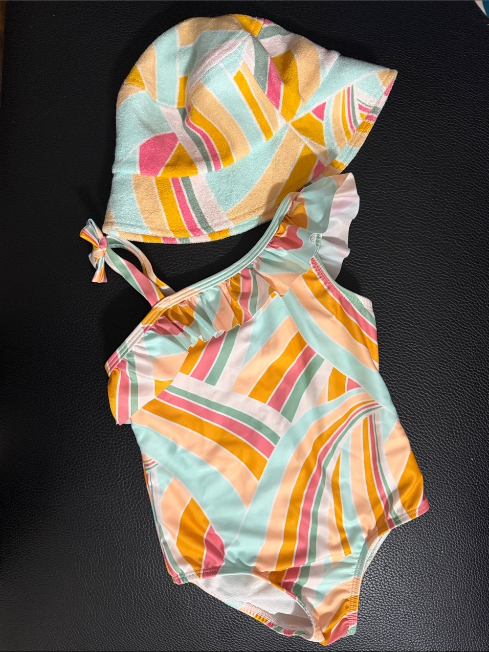 wonder nation Girls One-Piece Swim with Matching Hat - Mint, Pink, Yellow, Peach